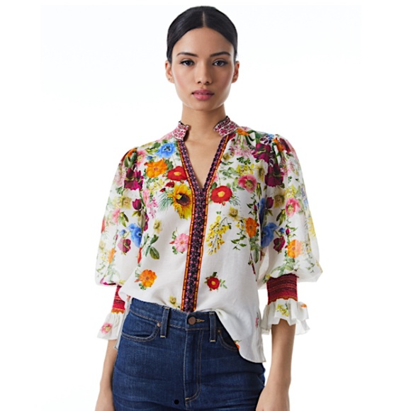 ALICE + OLIVIA Ilan Smocked Floral Blouse - Picture 9 of 14